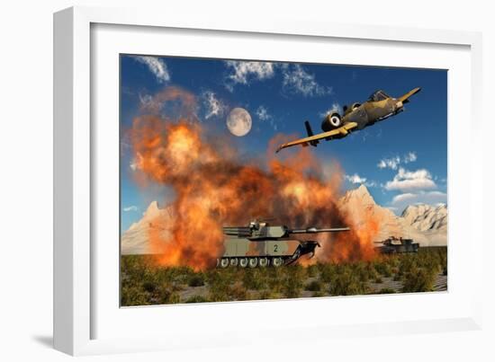 An American A-10 Thunderbolt Using Abandoned Tanks as Target Practice-null-Framed Art Print