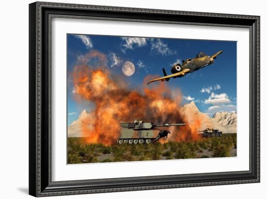 An American A-10 Thunderbolt Using Abandoned Tanks as Target Practice-null-Framed Art Print