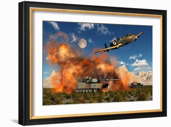 An American A-10 Thunderbolt Using Abandoned Tanks as Target Practice-null-Framed Art Print