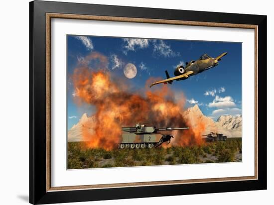 An American A-10 Thunderbolt Using Abandoned Tanks as Target Practice-null-Framed Premium Giclee Print