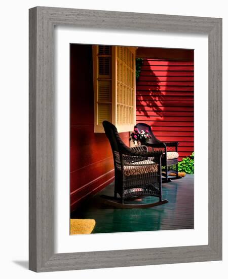 An American Front Porch with Wooden Boarding and Two Whicker Rocking Chairs-Jody Miller-Framed Photographic Print