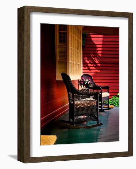 An American Front Porch with Wooden Boarding and Two Whicker Rocking Chairs-Jody Miller-Framed Photographic Print