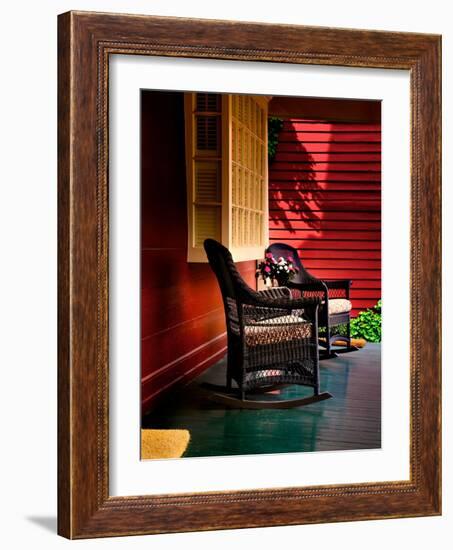 An American Front Porch with Wooden Boarding and Two Whicker Rocking Chairs-Jody Miller-Framed Photographic Print