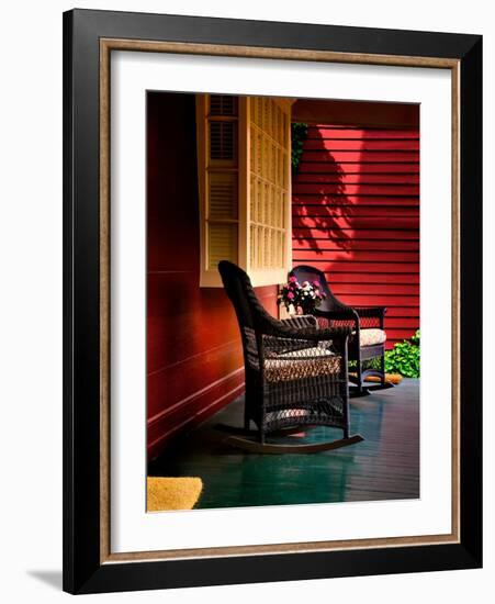 An American Front Porch with Wooden Boarding and Two Whicker Rocking Chairs-Jody Miller-Framed Photographic Print