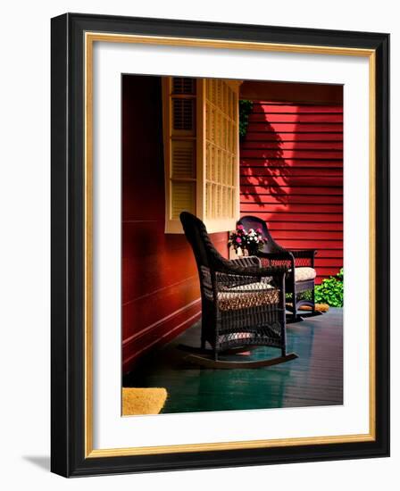 An American Front Porch with Wooden Boarding and Two Whicker Rocking Chairs-Jody Miller-Framed Photographic Print