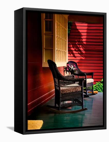 An American Front Porch with Wooden Boarding and Two Whicker Rocking Chairs-Jody Miller-Framed Premier Image Canvas