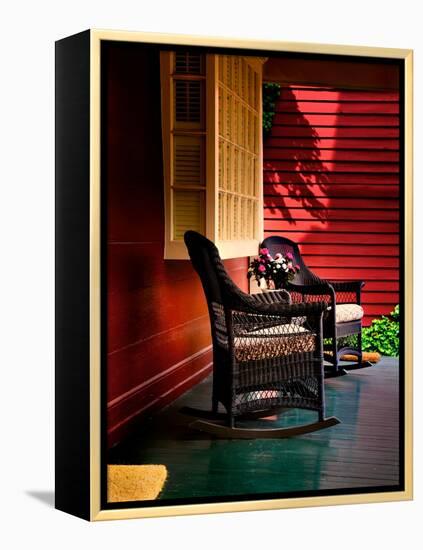An American Front Porch with Wooden Boarding and Two Whicker Rocking Chairs-Jody Miller-Framed Premier Image Canvas