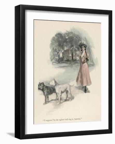 An American Girl Walks with an English Bull Terrier and and a Bulldog-null-Framed Art Print