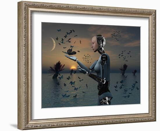 An Android Takes a Closer Look at a Butterfly-Stocktrek Images-Framed Photographic Print