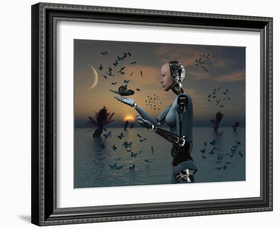 An Android Takes a Closer Look at a Butterfly-Stocktrek Images-Framed Photographic Print