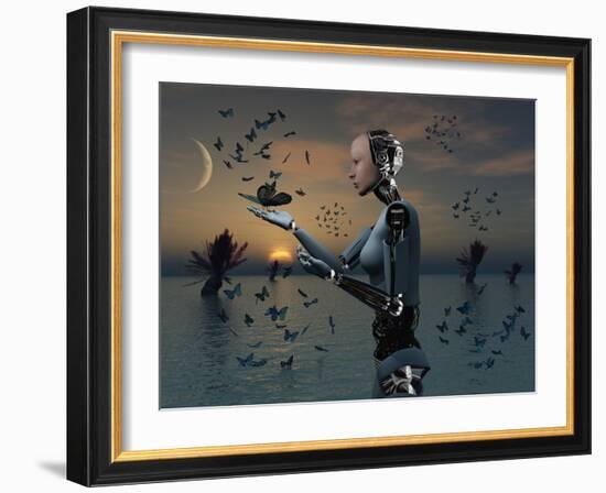 An Android Takes a Closer Look at a Butterfly-Stocktrek Images-Framed Photographic Print