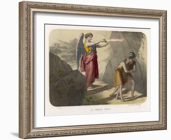 An Angel Brandishes Her Sword While She Watches Adam and Eve Slink out of Paradise-null-Framed Art Print