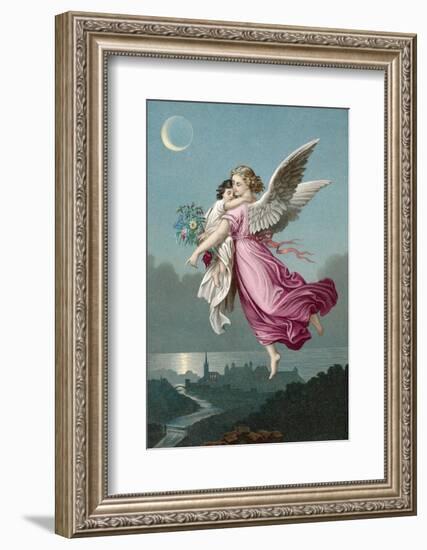 An Angel Flies Through the Night Sky Carrying a Child-null-Framed Photographic Print