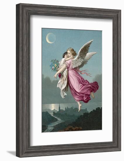 An Angel Flies Through the Night Sky Carrying a Child-null-Framed Photographic Print