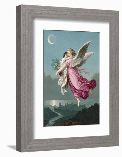 An Angel Flies Through the Night Sky Carrying a Child-null-Framed Photographic Print