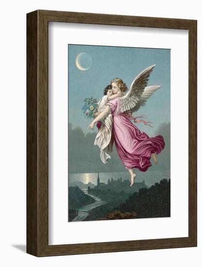 An Angel Flies Through the Night Sky Carrying a Child-null-Framed Photographic Print