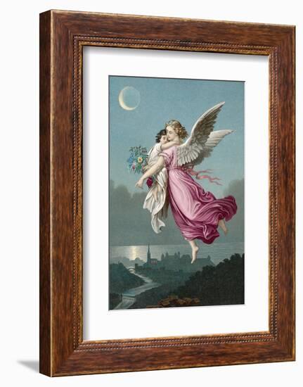 An Angel Flies Through the Night Sky Carrying a Child-null-Framed Photographic Print