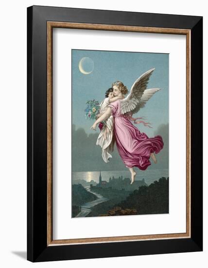 An Angel Flies Through the Night Sky Carrying a Child-null-Framed Photographic Print