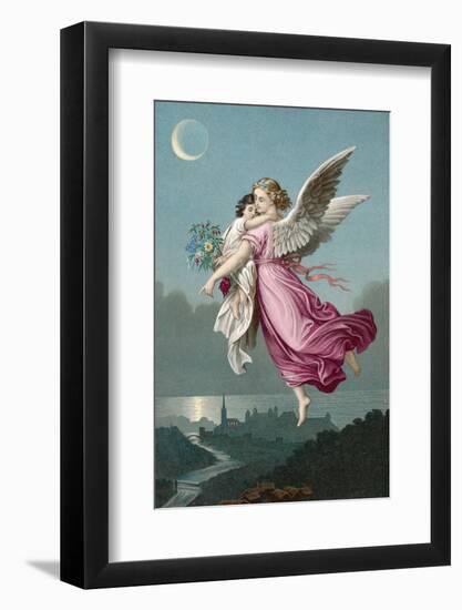 An Angel Flies Through the Night Sky Carrying a Child-null-Framed Photographic Print