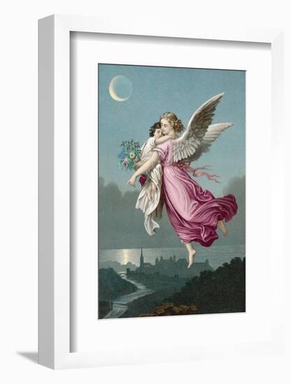 An Angel Flies Through the Night Sky Carrying a Child-null-Framed Photographic Print