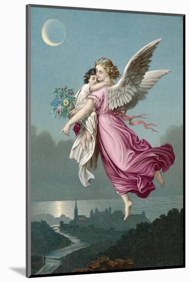 An Angel Flies Through the Night Sky Carrying a Child-null-Mounted Photographic Print