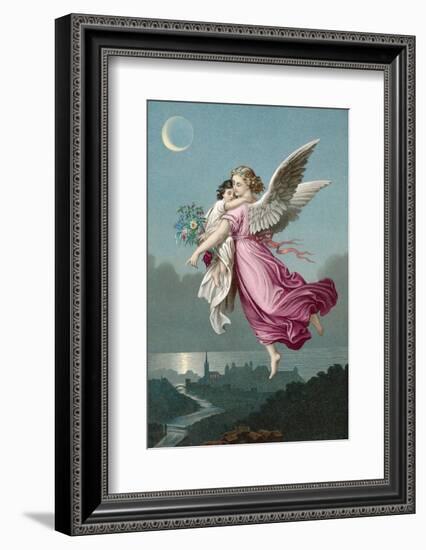 An Angel Flies Through the Night Sky Carrying a Child-null-Framed Photographic Print