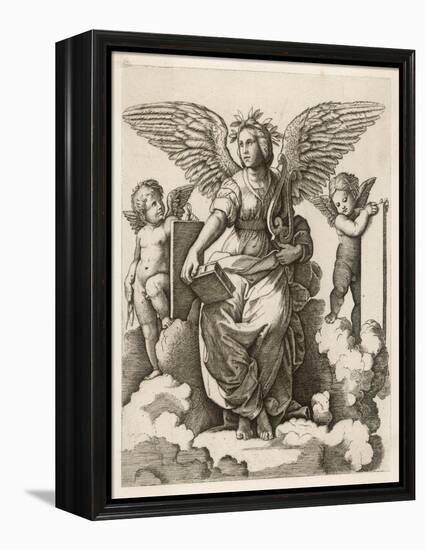 An Angel Sits Holding a Book and a Lyre Accompanied by Cherubim-null-Framed Stretched Canvas