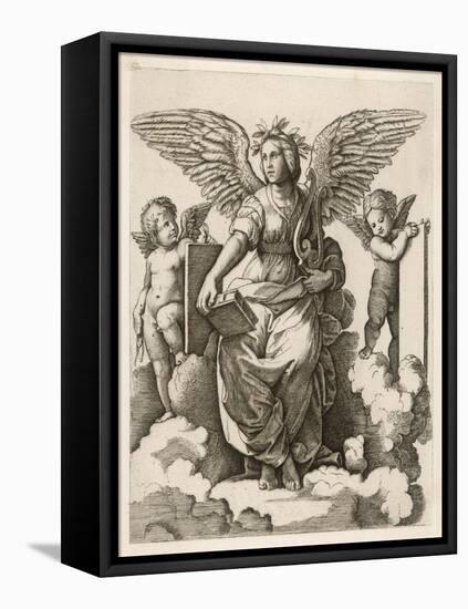 An Angel Sits Holding a Book and a Lyre Accompanied by Cherubim-null-Framed Stretched Canvas