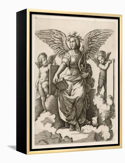 An Angel Sits Holding a Book and a Lyre Accompanied by Cherubim-null-Framed Stretched Canvas