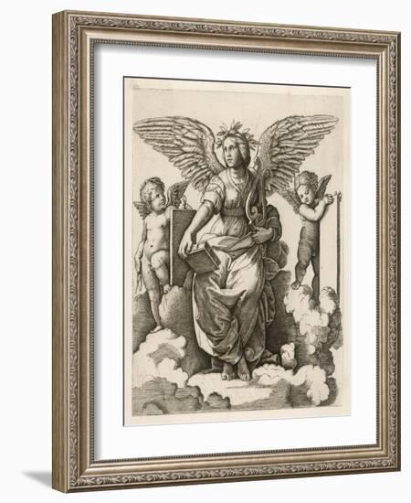 An Angel Sits Holding a Book and a Lyre Accompanied by Cherubim-null-Framed Art Print