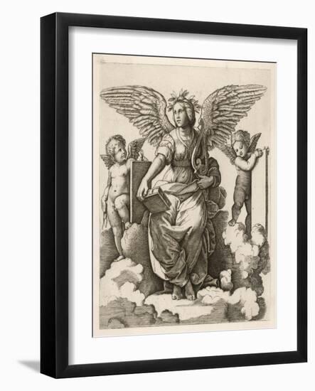 An Angel Sits Holding a Book and a Lyre Accompanied by Cherubim-null-Framed Art Print