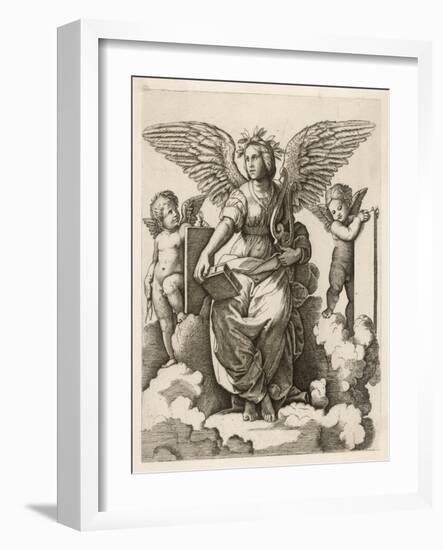 An Angel Sits Holding a Book and a Lyre Accompanied by Cherubim-null-Framed Art Print