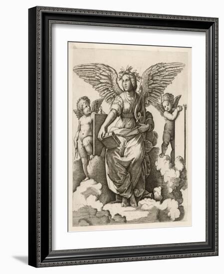 An Angel Sits Holding a Book and a Lyre Accompanied by Cherubim-null-Framed Art Print