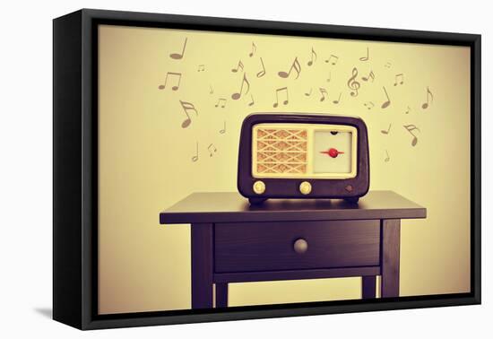 An Antique Radio Receptor on a Desk and Musical Notes, with a Retro Effect-nito-Framed Premier Image Canvas