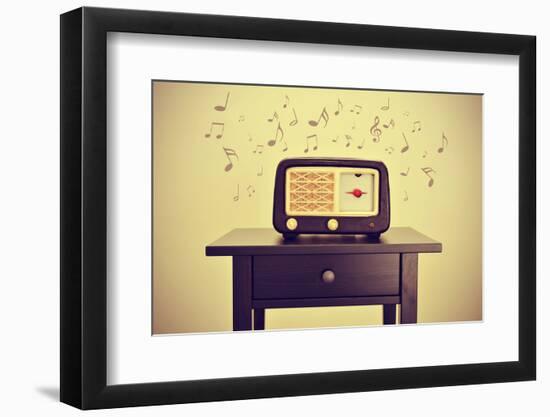 An Antique Radio Receptor on a Desk and Musical Notes, with a Retro Effect-nito-Framed Photographic Print