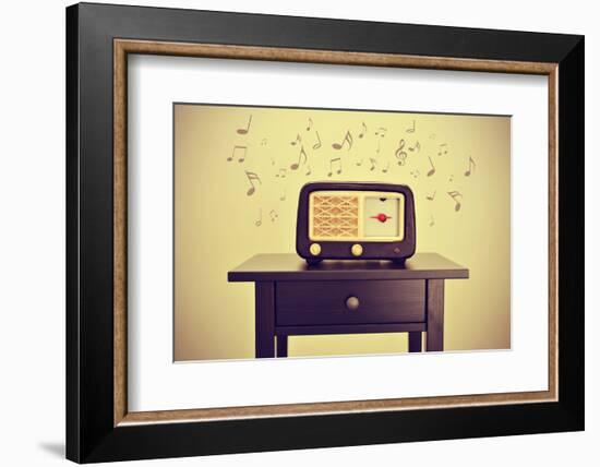 An Antique Radio Receptor on a Desk and Musical Notes, with a Retro Effect-nito-Framed Photographic Print