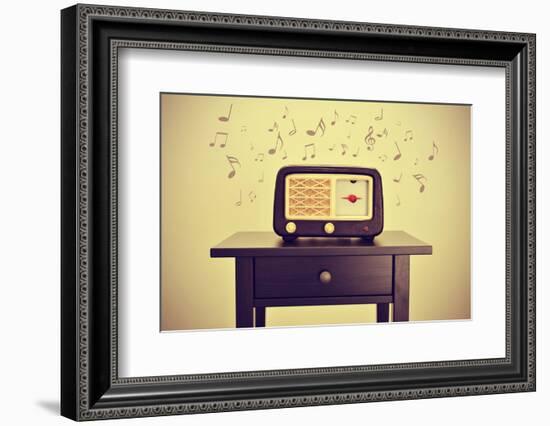 An Antique Radio Receptor on a Desk and Musical Notes, with a Retro Effect-nito-Framed Photographic Print