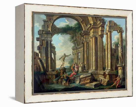 An Architectural Capriccio with Statues of the Warrior Agasias and the Apollo Belvedere-Giovanni Paolo Pannini-Framed Premier Image Canvas