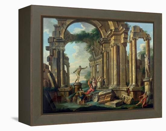 An Architectural Capriccio with Statues of the Warrior Agasias and the Apollo Belvedere-Giovanni Paolo Pannini-Framed Premier Image Canvas