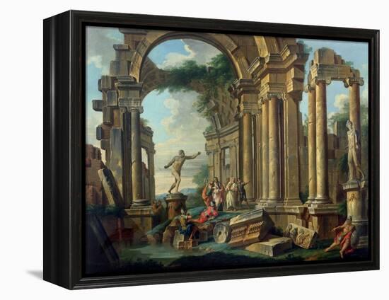 An Architectural Capriccio with Statues of the Warrior Agasias and the Apollo Belvedere-Giovanni Paolo Pannini-Framed Premier Image Canvas