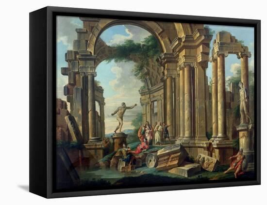 An Architectural Capriccio with Statues of the Warrior Agasias and the Apollo Belvedere-Giovanni Paolo Pannini-Framed Premier Image Canvas