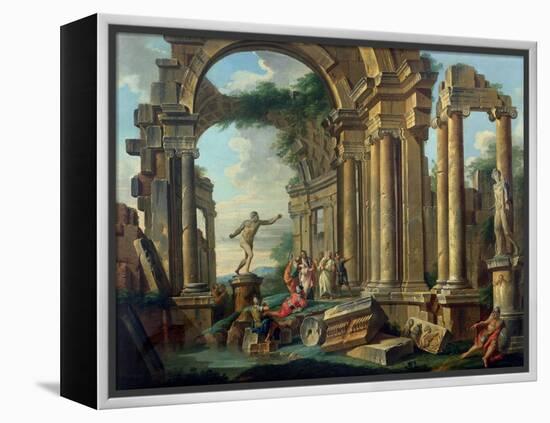 An Architectural Capriccio with Statues of the Warrior Agasias and the Apollo Belvedere-Giovanni Paolo Pannini-Framed Premier Image Canvas