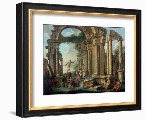 An Architectural Capriccio with Statues of the Warrior Agasias and the Apollo Belvedere-Giovanni Paolo Pannini-Framed Giclee Print