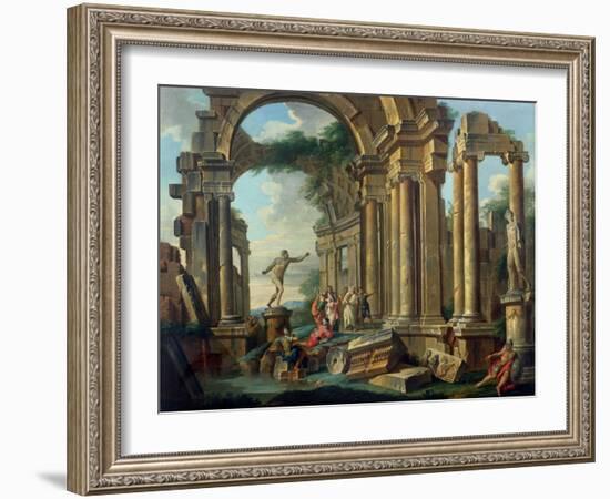 An Architectural Capriccio with Statues of the Warrior Agasias and the Apollo Belvedere-Giovanni Paolo Pannini-Framed Giclee Print