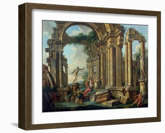 An Architectural Capriccio with Statues of the Warrior Agasias and the Apollo Belvedere-Giovanni Paolo Pannini-Framed Giclee Print