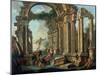 An Architectural Capriccio with Statues of the Warrior Agasias and the Apollo Belvedere-Giovanni Paolo Pannini-Mounted Giclee Print