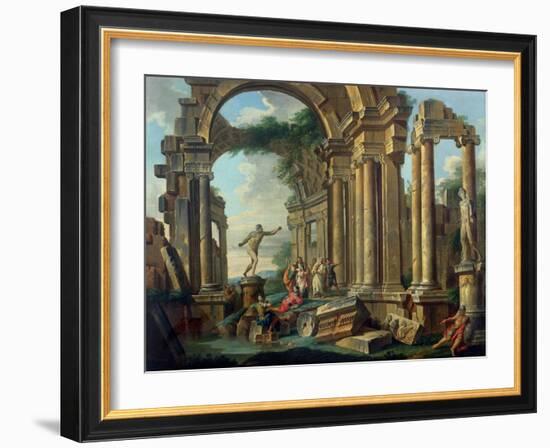 An Architectural Capriccio with Statues of the Warrior Agasias and the Apollo Belvedere-Giovanni Paolo Pannini-Framed Giclee Print