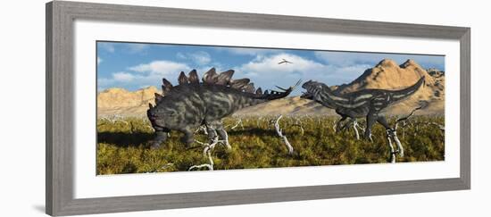 An Armor Plated Stegosaurus Defending Itself from an Attacking Allosaurus-null-Framed Art Print