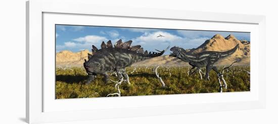 An Armor Plated Stegosaurus Defending Itself from an Attacking Allosaurus-null-Framed Art Print