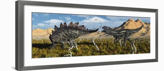 An Armor Plated Stegosaurus Defending Itself from an Attacking Allosaurus-null-Framed Art Print